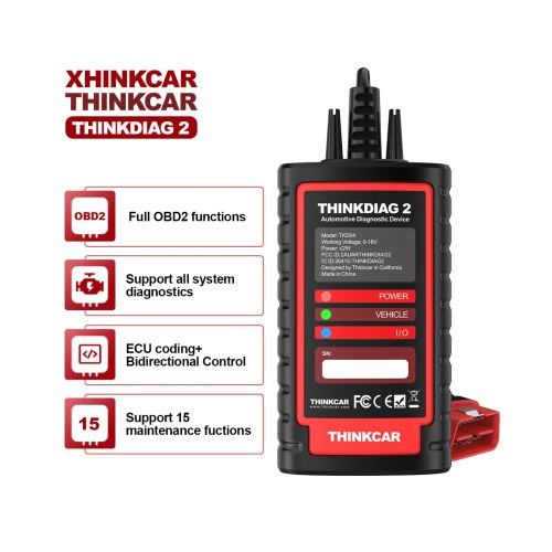 THINKCAR Thinkdiag 2 All System Bidirectional OBD2 Diagnostic Scanner for iOS & Android, With Bluetooth, CANFD, AutoVIN, ECU Coding, 15+ Reset