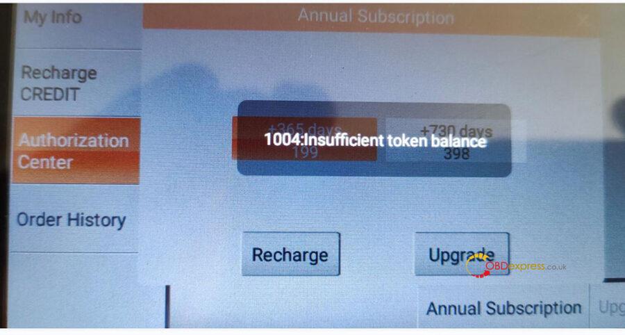 obdstar odomaster cluster calibration tool error "1004 : Insufficient token balance"